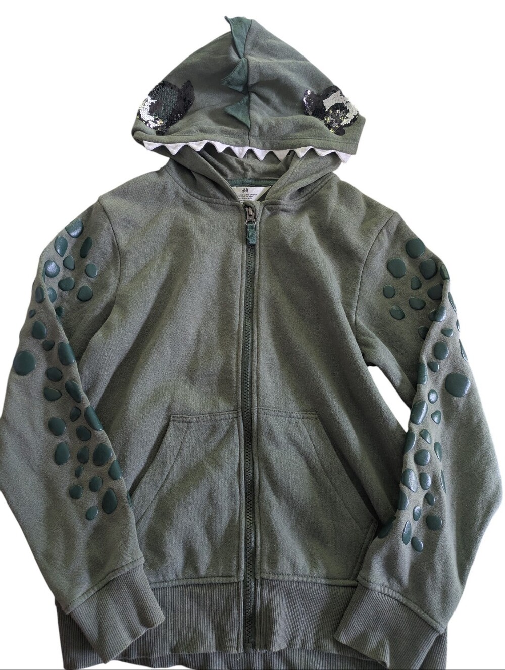 H&M Olive Green Dino Hooded Zip-Up Sweatshirt